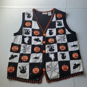 Vintage Sweater Vest Womens XL Black White Halloween Pumpkin Cats Spooky Bats